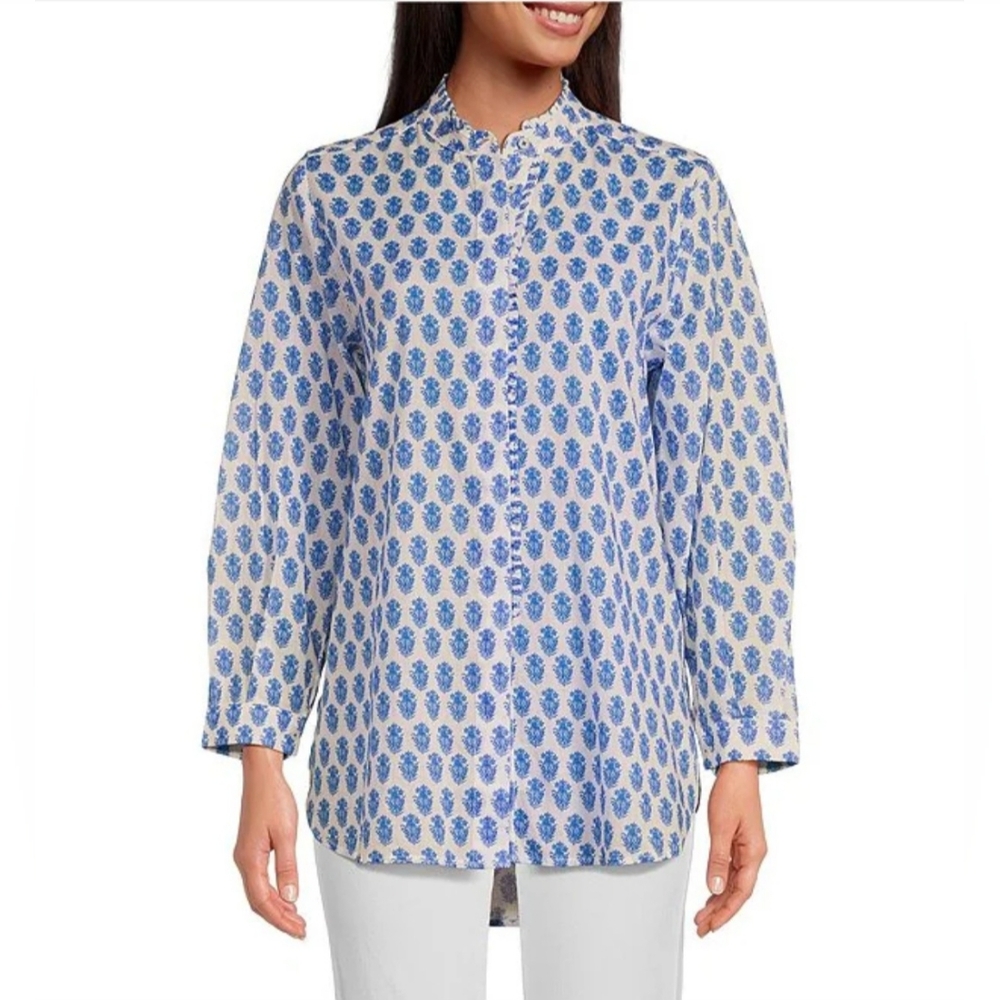 Ro's Garden Tussa Banded Collar Button Down Long Sleeve Top
